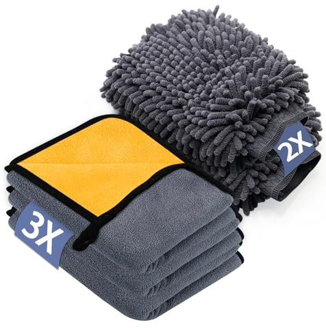 YSWOVUO Kit Pulizia Auto con 3 Pezzi Panno Microfibra e 2 Pezzi Guanto Lavaggio, 600 GSM Panno in Microfibra Super Assorbenti, Senza Graffi per Cura Moto (40 x 30 cm)