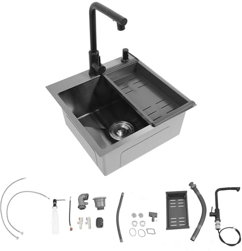 Fregadero de acero inoxidable 45 x 45 cm, fregadero de cocina 1 seno, fregadero negro con grifo extraíble, fregadero empotrado, con dispensador de jabón, cesta filtrante, tubo de drenaje
