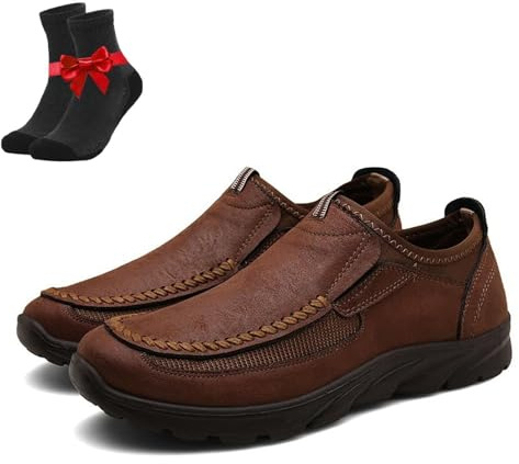 Mocasines Planos de Cuero clásicos for Hombre, Zapatos de conducción ortopédicos sin Cordones, Zapatos Ligeros for Exteriores.(Dark Brown,45 EU)