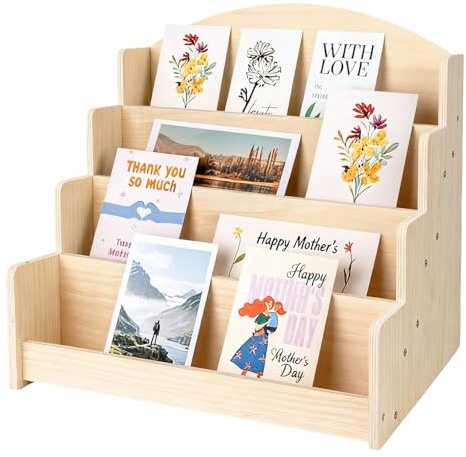 GAESHOW Espositore per Cartoline in Legno, Espositore per Biglietti D'Auguri a 4 Livello, Display Multifunzione per Libri Illustrati, Riviste, Cartoline, Adesivi, Posta