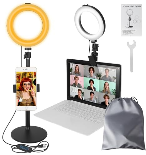 Ringlampa med stativ, 6 tum LED-ringljus med 3 ljusfärger och 10 ljusstyrkenivåer, selfielampa för telefon bärbar dator, perfekt för videokonferenser, streaming, zoom, YouTube, TikTok