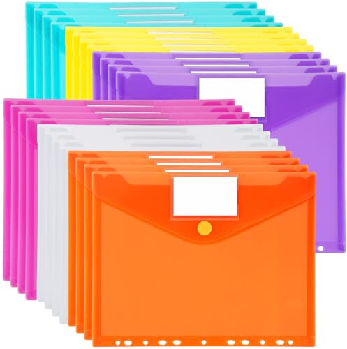Plastic Wallets A4, 24 Pack Plastic Folders Waterproof Document Wallet 6 Assorted Colours with Velcro Closure, Transparent Colourful A4 Folder with Label Pockets for Home, Office, School and Travel