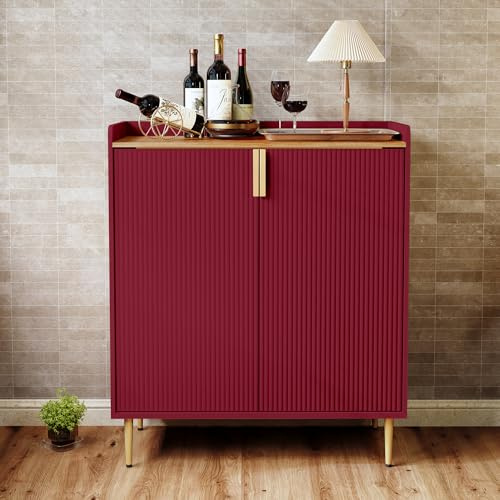 HOLTICO Wine Cabinet with 9 Bottle Shelves - Modern Wooden Bar and Coffee Table Cabinet. Perfect for Wine Storage in Bar, Kitchen, Dining Room or Living Room (Red)