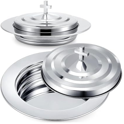 Omvial Juego de Comunión de Plata con Tapa, Platos de Pan de Acero Inoxidable para Iglesias, Bandeja de Santa Comunión con Tapa, Iglesia