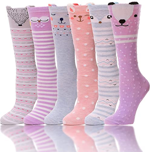 ANTSANG Calze al Ginocchio per Bambine Calze Lunghe da Stivale Folli Buffe Divertenti Regalo Carine Calze Lunghe con Motivi Animali per Bambini 6 Paia(Animale Adorabile E, 26-38)