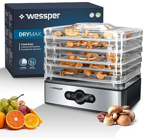 Sillar Deshidratador de Alimentos 240W, Desecadora de Fruta con 5 Bandejas Ajustables, Temperatura Regulable 35°-70°C y Temporizador 0-99h, para Verduras Carne Flores, sin BPA