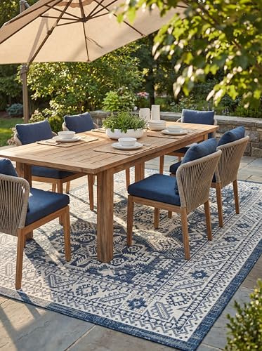 Rugs.com Outdoor Aztec Collection Rug – 9' x 12' Blue Flatweave Rug Perfect for Living Rooms, Large Dining Rooms, Open Floorplans