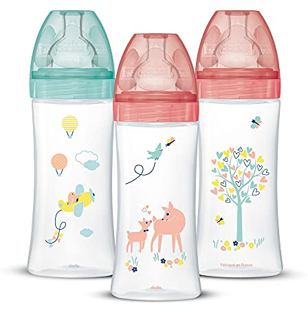 Dodie filles Lot de 3 Biberons Anti-colique Sensation plus, Fille, 330 ml, +6 mois, Tétine Plate, Débit 3, Rose Pastel, 3 Unité (Lot de 1)