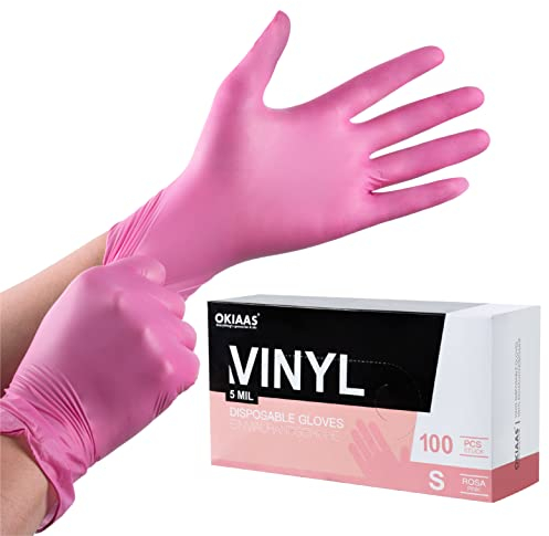OKIAAS Lot de 100 gants jetables en vinyle sans poudre - Rose - Taille S - 5 mm - Sans latex - Pour la cuisine, le barbecue, le nettoyage
