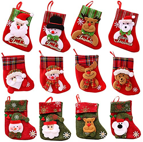 Wuuooei Calze di Natale Calza di Natale, 12 Pezzi Mini Calze di Natale, Calze Decorative Natalizie, Calze Natalizie Camino, per Albero di Natale, Babbo Natale, Pupazzo di Neve, Renne, Orso