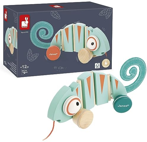 Janod - Nachzieh-Chamäleon Tropik - Entwicklungsspielzeug aus Holz - Leise Räder - Lernspielzeug Laufen und Gleichgewicht - FSC-zertifiziert - Wasserfarbe - Ab 1 Jahr, J08264, Blue