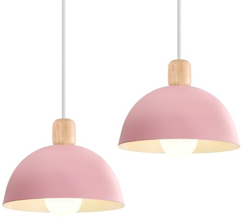 iDEGU 2 Stück Ø20cm Hängelampen Retro E27 LED Hängeleuchte Moderne Skandinavisch Deckenleuchte aus Metall Holz Pendelleuchte für Schlafzimmer Esszimmer Küche Restaurant (Rosa, 2 Lampen)