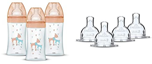 Dodie Lot de 3 Biberons Anti-Colique Sensation+ en verre, 270mL,0-6 Mois, tétine plate, Débit 2 & Lot de 4 Tétines Plates anti-coliques Sensation Débit 3 - rapide
