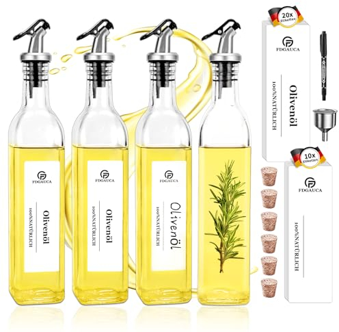 SIAZIH Set 4 Pezzi 500 ml Oliera Vetro, Bottiglia per Olio con 30 Grandi Etichette Bianche Come la Neve, Bottiglia Olio con Beccuccio, Porta Olio e Aceto, per Nna Cucina Ordinata e Organizzata