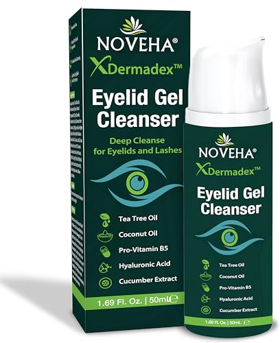 NOVEHA Eyelid & Lash Gel Cleanser with Pro-Vitamin B5, Tea Tree Oil & Hyaluronic Acid – Gentle Daily Cleansing Gel for Eyelids & Lashes – Refreshing Eye Area Care – 50mL (1 Pack)