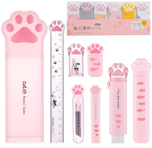 9 Pcs Cute Cat Paw Stationery Set Kawaii School Supplies Including Pencil Sharpener Retractable Eraser Correction Tape Sticky Notes Ruler Mini Scissors Utility Knife for Cat Lovers Students (Pink)