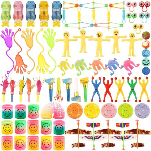 Mitgebsel kindergeburtstag Set, 72pcs Give Aways Kindergeburtstag Gastgeschenke Enthalten Regenbogenspirale,Flummis, Partytröte, Sticky Man, Klatschhand, Frosch Hüpfende Spielzeug,Eye fingerpuppe etc.