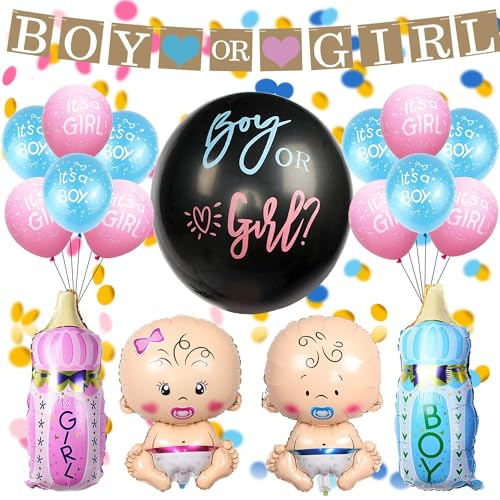 Gender Reveal Party Decorations Set - 16 Pcs Baby Boy Girl Decor | Bottle Foil Balloons Boy Or Girl Banner Blue and Pink Latex Balloons for Baby Shower Gender Reveal Birthday Party Decorations