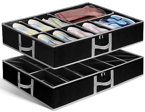 JUPELI 2 Pack Under Bed Shoe Storage Organiser, Fits 24 Pairs, Adjustable Velcro Underbed Shoe Box W/Bottom & Side Support and Reinforced Handles, Foldable Sturdy