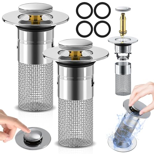 Vibbang 2Stück Bodenablauf Filter aus Edelstahl, Abflussstopfen mit Sieb, Haarabscheider für das Waschbecken, Pop-up-Sieb für Badezimmer und Küche mit abnehmbarem Edelstahl-Filterkorb