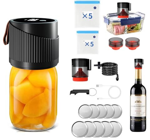 ANBEISTEE Kit di Sigillatore a Vuoto Senza Fili Mason Elettrico per Bocca Larga e Bocca Regolare Mason Jars, per la Conservazione e la Fermentazione Degli Alimenti, Nero