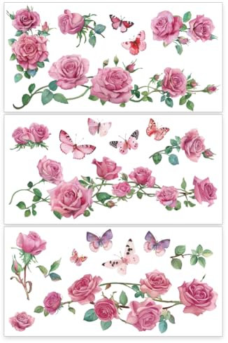 OLYCRAFT 3 Stück/Set Rosen Abziehbilder Zum Aufreiben Für Möbel Und Kunsthandwerk 30x15cm Große Rose Mit Schmetterlings Dekor Transferaufkleber Blumen Abziehbilder Zum Aufreiben