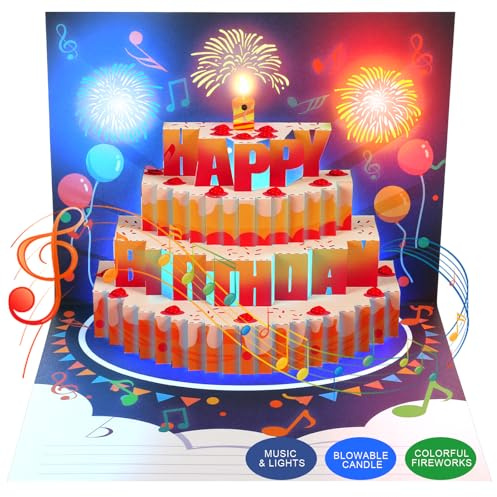 Mozmmhi Cartes d'anniversaire pop-up 3D avec bougie soufflante, musique, lumières et feux d'artifice - Cadeau d'anniversaire amusant pour femme, homme, maman, papa, enfants