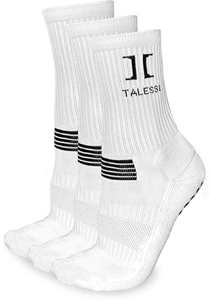 Talessi Calcetines Antideslizantes Hombre para Fútbol, Vóley, Padel y Crossfit Pack 3, Grip Socks Alto Rendimiento, Antiampollas, Soporte de Arco, Refuerzo Talón y Puntera. (FR/ES, 39-42, blanco)