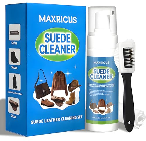 Maxricus 200ml Suede Cleaner Kit – Suede Foam Cleaning Kit with Brush & Cloth, Nubuck Crep Suede Protector Cleans and Restores for Shoes, Boots, Trainers, Jackets, Handbags, Bags