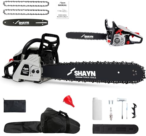 SHAYN 58cc Petrol Chainsaw - 2-Stroke Top Handle Chain Saw with 20 Bar, 2 Spare Chain, Anti-Vibration, Low-Noise, Auto Oiler, Toolkit & Carry Bag - 3-Years Warranty
