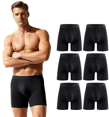 ZAKASA Calzoncillos Hombre Bóxer Largos: Bambu Ajustado Hombres Ropa Interior Transpirable Cómoda Elásticos Sin Etiqueta Abrir La Mosca L Negro Pack de 6