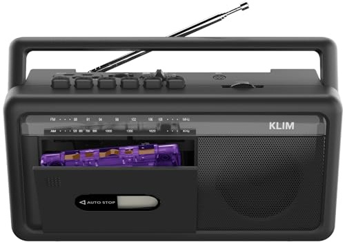 KLIM Lettore Cassette Audio Boombox, Radio AM/FM, Bluetooth, Registratore a Cassette, USB, Altoparlante, Presa Cuffie, Funzionamento a Batterie o Rete Elettrica, Design Portatile Retrò - Nero