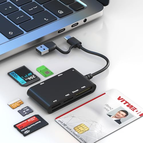 USB C/A SIM Card Reader & CAC Reader Military - 7 in 2 Smart Card Reader SIM Card Adapter, Military CAC/SD/TF/Memory Stick Pro Duo/M2/IC/PIV/MMC Memory Card Reader for Windows/Mac/Linux, Plug and Play