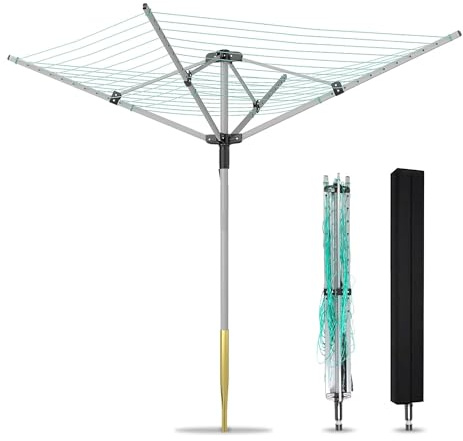 DFENG Séchoir à linge rotatif - Avec douille de sol - 50 m - 4 bras - Extra large - Pour le jardin et l'extérieur