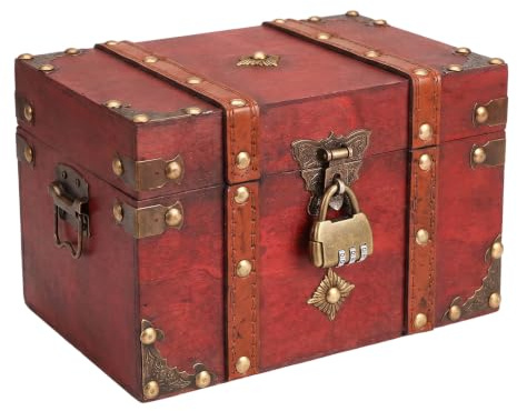 Dexpally Large Pirate Treasure Chest, 22 x15 x14cm Treasure Box with Lock Vintage Wooden Chest for Home Decor Great Christmas Xmas Gifts, for Storing Jewelry Treasure, Red