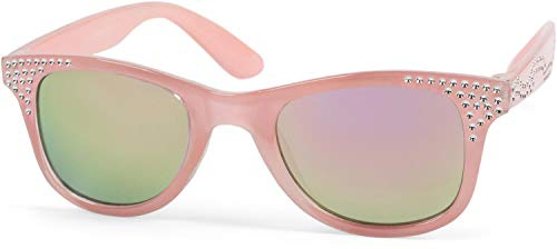styleBREAKER Lunettes de soleil nerd pour filles avec des pierres brillantes, monture en plastique et verres plats en polycarbonate, enfants 09020087, couleur:Monture Rosé/Verre Rosé miroir