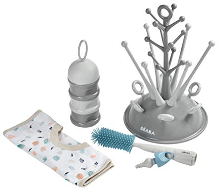 BÉABA, Baby-Geschenkset zur Geburt, Trockenständer für Babyflaschen, geräumig, Milchpulver-Portionierer, stapelbar, Flaschenbürste aus Silikon, Babylätzchen 100% Baumwolle, Motiv Tropical
