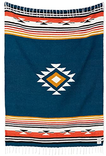 Blue and Tan Mexican Blanket by Laguna Beach Textile Co - Beach, Yoga, Camping, or Decorative Throw Blanket - Traditional Handmade Serape - Navy Baja