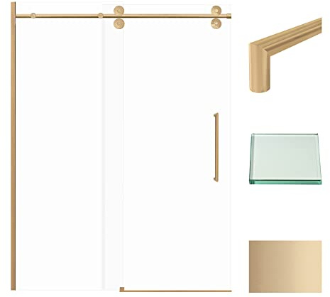 Transolid TBD608010C-T-CB Teegan 56.5-59 in. W x 80 in. H Semi-Frameless Sliding Barn Shower Door with Fixed Panel in Champagne Bronze with Clear Glass and Turin Handles