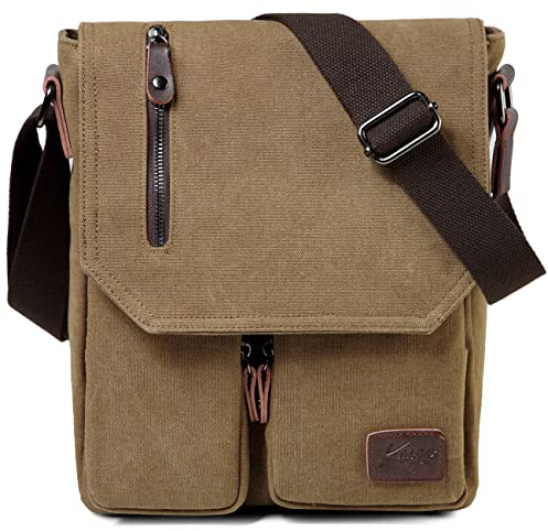 Kasgo Kleine Umhängetasche, Wasserabweisend Vintage Segeltuch Herrentasche Schultertasche Klassische Kuriertasche Herren Crossbody für Arbeit Schule Khaki