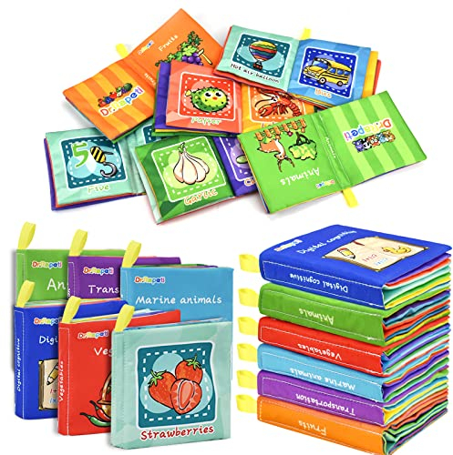 Dr.Rapeti 6 Stück Stoffbuch für Babys, Baby Soft Tuchbuch, Baby Pädagogisches Spielzeug, Early Learning Lernspielzeug, Waschbar Anti Tear Crinkle Badebuch, Früherziehung Spielzeug(Englisch)