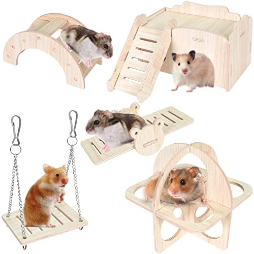 Colexy 5 Pezzi Giocattoli per Criceti, Legno Giocattoli da Masticare per Criceti, Giocattoli per Criceti Esercizi Sportivi, Criceto Swing, Casa dei Criceti, Rainbow Bridge, Parco Giochi per Hamster