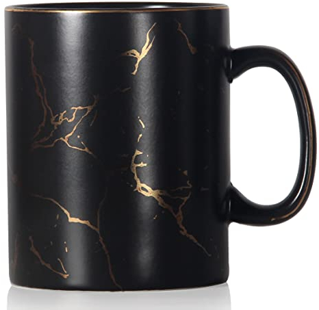 SHOWFULL 650ml Luxus Goldmuster Inlay Exter Große Tasse, Klassische Keramik Marmor Teetasse mit Griff für Männer und Frauen, Mattschwarz