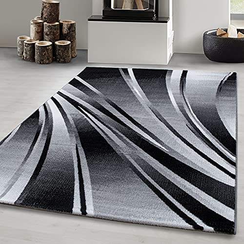 Carpetsale24 Teppich Wohnzimmer Moderne Abstrakt Wellen Design Schwarz - Grau - Weiß 240 x 340 cm - Kurzflor Schlafzimmer Pflegeleicht Extra Weich - Flauschig Waschbar Esszimmer Küche