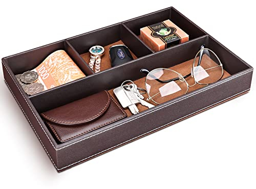 GORESE Plateau Vide Poche en Cuir, Organisateur de Tiroir Chevet et Bureau à 4 Compartiments, Boîte de Rangement Clés, Portefeuille, Téléphone, Montres, Bijoux, Argent, Boutons de Manchette (Marron)
