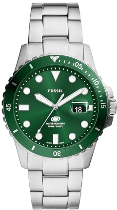 Fossil Blue Uhr für Herren, Quarzwerk mit Edelstahl- oder Lederarmband, Grün und Silberton, 42MM