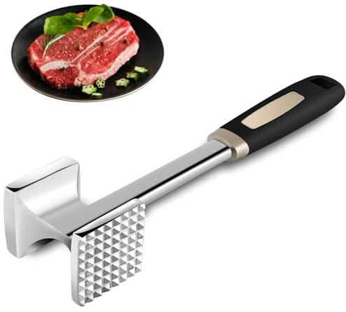 Rubessia Attendrisseur de Viande, Marteau à Steak, Marteau à Double Face, Marteau à Viande, Marteau à attendrir avec Manche Antidérapant pour Attendrir la Viande, Steak, Poulet, Argenté, Côtelettes