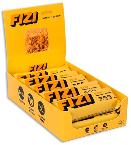 FIZI Keto Barritas de Plátano + Cacahuete 10 x 45g – 24% Proteína Vegana, Bajas en Carbohidratos – Sin Gluten y Azúcar Añadido – Solo 1g de Azúcar por Barrita y 165 Calorías – Snack Cetogénico