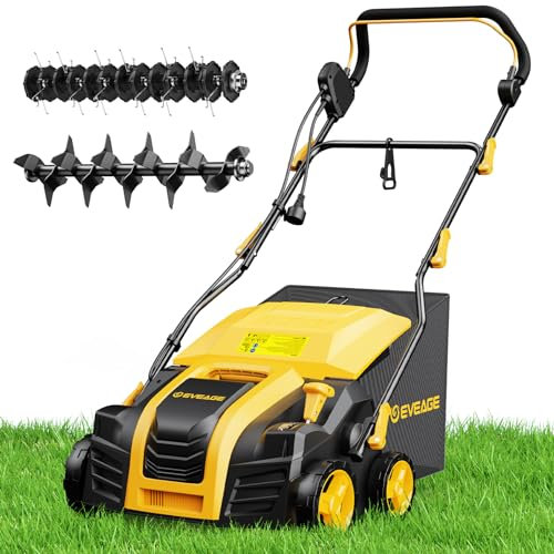EVEAGE 16-Inch 15 Amp Electric Corded Dethatcher & Scarifier, 5-Position Depth Adjustment, 14.5gal Collection Bag, Increases Lawn Health, EDS16S-A