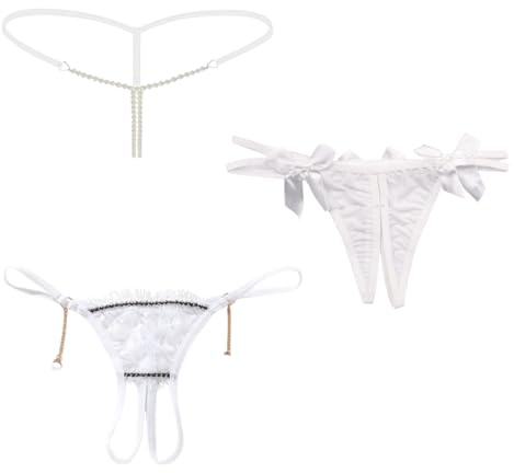 NLAND String Tangas Mujer 3 Pares de Bragas Encaje Mujercon Lazo y Cadena Ropa Interior Elástica Braguitas Culotte Transparente Cintura Baja